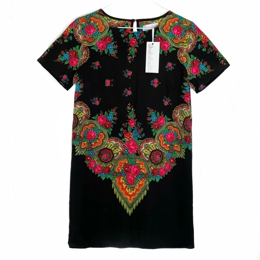 SHAKUHACHI Boho Floral Gypsy Tee Shift Mini Dress - Picture 2 of 7